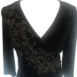 Black Velvety Bronze Embellished Faux Wrap Ruched Stretchy Evening Party Top